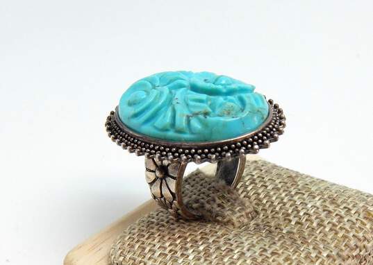 AKR Amy Kahn Russell 925 Turquoise Carved Flowers Granulated Oval Floral Band Statement Ring 16.2g image number 1