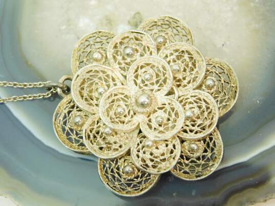 Vintage 925 Sterling Silver Floral Filigree Pendant Necklace On 835 Silver Chain 10.7g image number 3