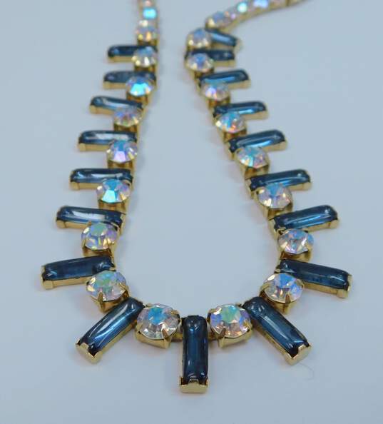 Vintage Aurora Borealis Rhinestone Statement Necklace & Chunky Gold Tone Clip On Earrings 63.8g image number 3