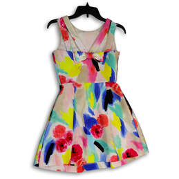 Womens Multicolor Floral Round Neck Sleeveless Knot Bow A-Line Dress Size 0