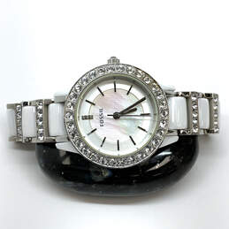 Designer Fossil Silver-Tone Ceramic Rhinestone Round Dial Analog Wristwatch