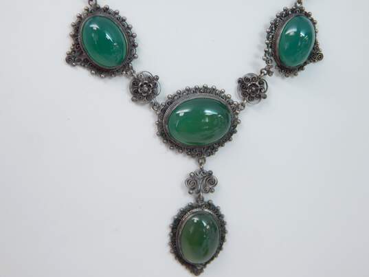 Vintage 925 Art Deco Green Chrysoprase Art Deco Scrolled Lariat Necklace REPAIR image number 3