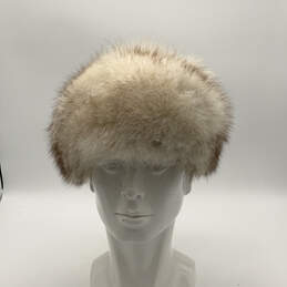 NWT Womens White Brown Tip Faux Fur Fashionable Round Cossack Hat
