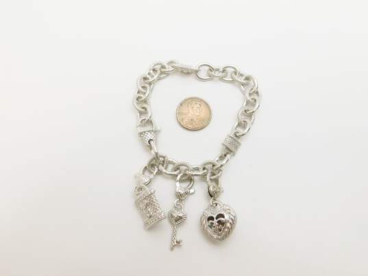 Judith Ripka Sterling Silver Smoky Quartz CZ Fleur De Lis Heart & Padlock Charm Bracelet 50.7g image number 5