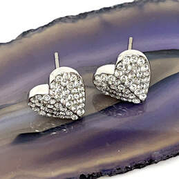 Designer Kate Spade Silver-Tone Rhinestone Heart Stud Earrings w/ Dust Bag