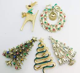 Goldtone Christmas Trees Wreath & Rudolph Reindeer Enamel Rhinestones Brooches