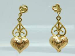 14K Yellow & Rose Gold Etched Puffed Heart Scrolled Drop Post Earrings 1.2g