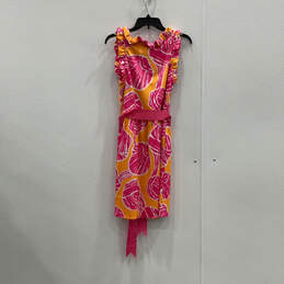 Womens Pink Orange Floral Ruffle Round Neck Sleeveless Shift Dress Size M alternative image