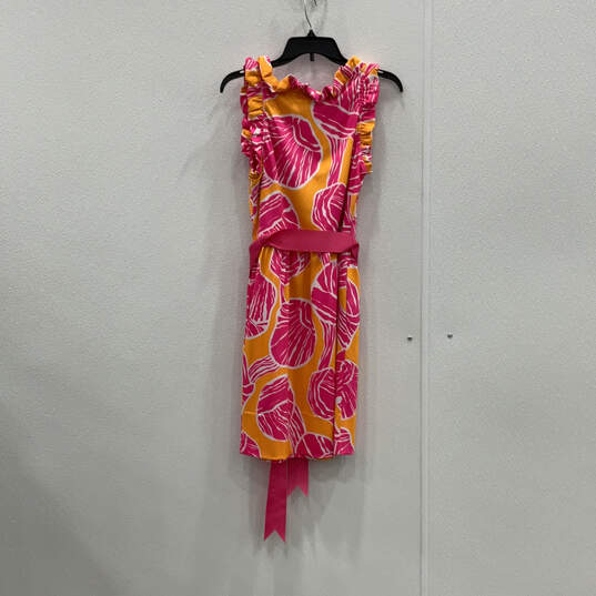 Womens Pink Orange Floral Ruffle Round Neck Sleeveless Shift Dress Size M image number 2