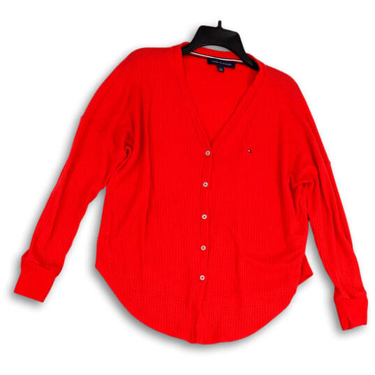 Womens Red Knitted V-Neck Long Sleeve Button Front Cardigan Sweater Size S image number 1