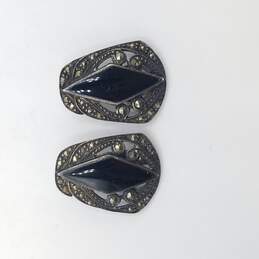 Sterling Silver Marcasite Onyx Clip On Earrings 11.8g
