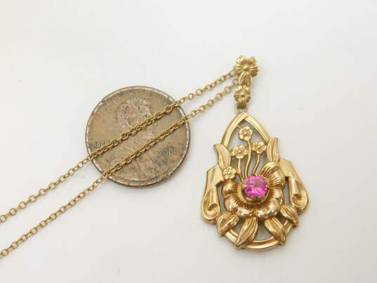 Vintage Esemco 10K Yellow Gold Simulated Ruby Floral Lavalier Pendant Necklace 2.9g image number 3