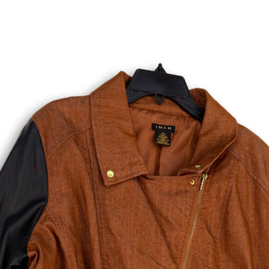Womens Brown Black Pockets Long Sleeve Asymmetrical Full-Zip Jacket Size 3X image number 3