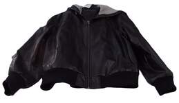 Mens Black Faux Leather Long Sleeves Hooded Full Zip Jacket Size XL alternative image