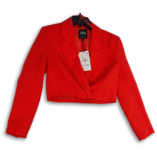 NWT Womens Red Notch Lapel Long Sleeve Cropped Blazer Size Small image number 1