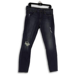 Womens Black Denim Dark Wash Pockets Stretch Distressed Skinny Jeans Sz 30