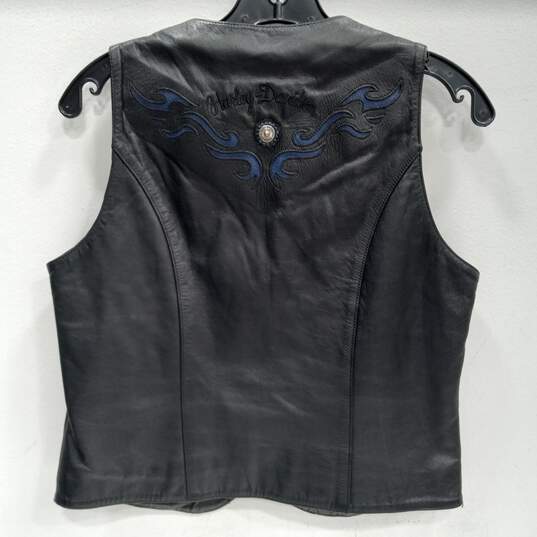 Women's Harley Davidson Blue "Misty Waters" Design on Black Leather Vest Sz S image number 2