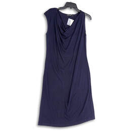 NWT Womens Blue Drape V-Neck Sleeveless Knee Length Sheath Dress Size L
