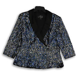 Womens Black Blue Sequins Shawl Collar Long Sleeve One Button Blazer Sz XL