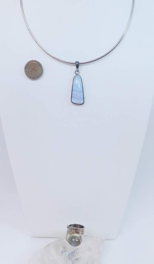 Artisan 925 Sterling Silver Blue Lace Agate Pendant Necklace & Labradorite Hammered Bypass Ring 22.2g image number 4