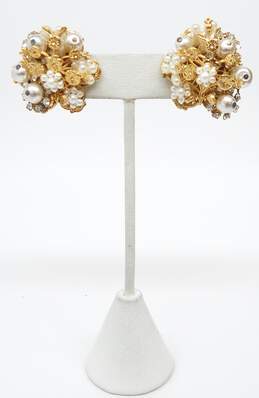 Vintage Hattie Carnegie Faux Pearl Rhinestone Floral Clip On Earrings 16.5g