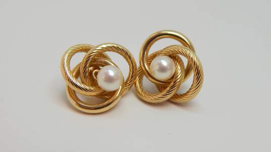 14K Gold White Pearl Post Earrings & Rope & Smooth Interlocking Circles Enhancer Jackets 2.9g image number 1
