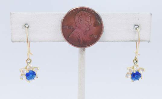Romantic 10K Yellow Gold Blue Spinel & CZ Flower Drop Earrings 2.4g image number 4