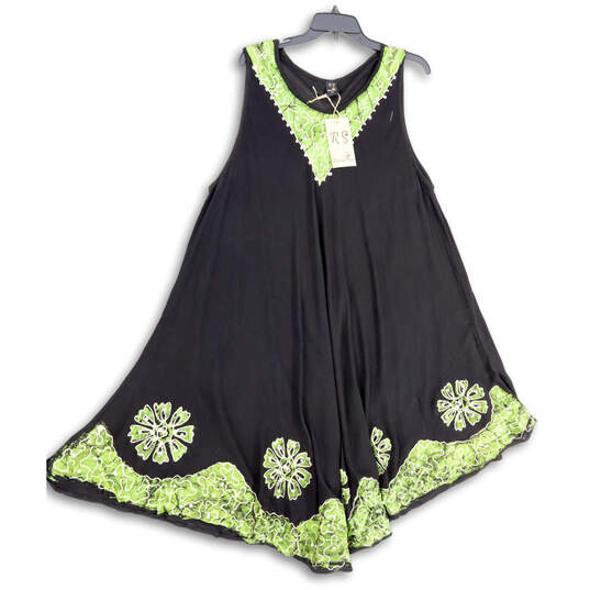 NWT Womens Black Green Embroidered Round Neck Pullover Swing Dress Size 2X image number 4