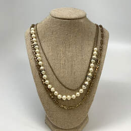 Designer J. Crew Gold-Tone Pearl Beaded Triple Strand Chain Necklace