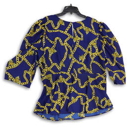 Womens Blue Gold Chain Print Long Sleeve Peplum Blouse Top Size 14/16 alternative image