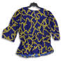 Womens Blue Gold Chain Print Long Sleeve Peplum Blouse Top Size 14/16 image number 2