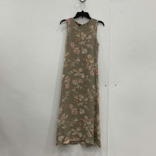 Womens Tan Floral Round Neck Sleeveless Back Zip Long Sheath Dress Size 6P image number 1