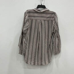 Womens Brown Striped Smocked Detail Bell Sleeve Button-Up Shirt Size Small alternative image