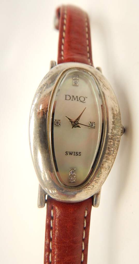 DMQ 925 Diamonique CZ Mother Of Pearl Dial Red Leather Strap Swiss Watch 21.0g image number 4
