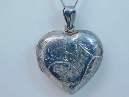 Vintage 925 Etched Bangle Bracelet & Heart Pendant Necklace w/ Blue Topaz & Peridot Earrings 25g image number 2