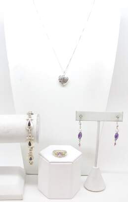 925 Amethyst Peridot Pearl Earrings Ring Bracelet & Heart Pendant Necklace 20.7g
