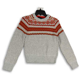 Womens Gray Red Fair Isle Crew Neck Long Sleeve Knit Pullover Sweater Sz XS