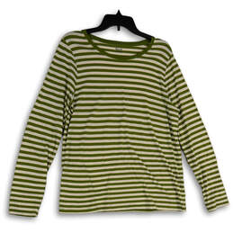 Womens Green White Striped Round Neck Long Sleeve Pullover T-Shirt Size XL