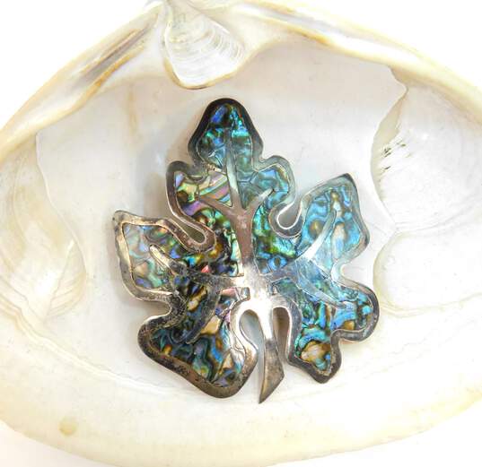 (G) Mexico 925 Abalone Shell Inlay Leaf Pendant Brooch 7.8g image number 4