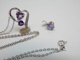 Contemporary 925 Amethyst & Diamond Accent Heart & Purple CZ Pendants Necklace Drop Earrings & Twisted Herringbone Chain Bracelet 10.4g