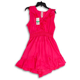 NWT Womens Pink V-Neck Ruffle Faux Wrap Fit and Flare Dress Size Large