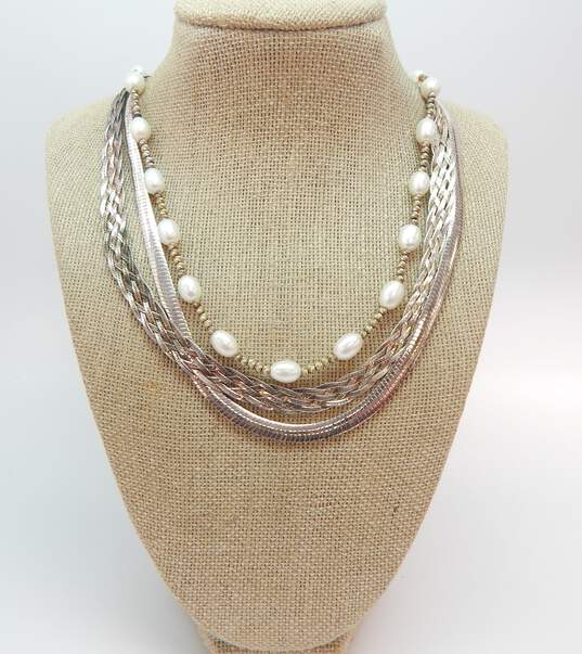 Artisan 925 Sandblasted Omega Wide Braided Herringbone Chain & White Pearls & Etched Ball Beaded Necklaces Variety 60.2g image number 1