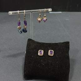 Set of Three Sterling Silver Earrings with Purple Stones and Lapis Lazuli