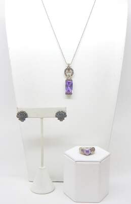 Romantic 925 Purple CZ Pendant Necklace Marcasite Shell Earrings & Heart Ring