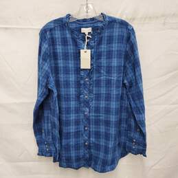 NWT Lucky Brand WM's Blue Plaid Ruffle Cotton Blend Button Shirt Size XL
