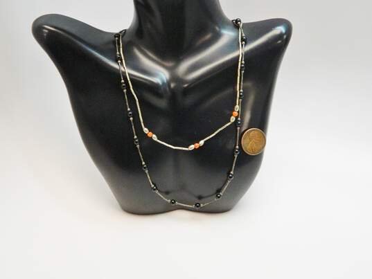 Southwestern Artisan 925 Liquid Silver Onyx & Coral Beaded Necklaces 8.1g image number 4