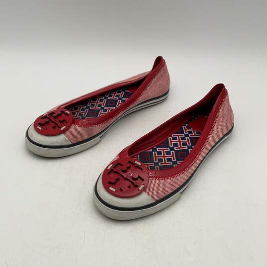 Tory Burch Womens Red White Leather Round Toe Slip On Ballet Flats image number 3