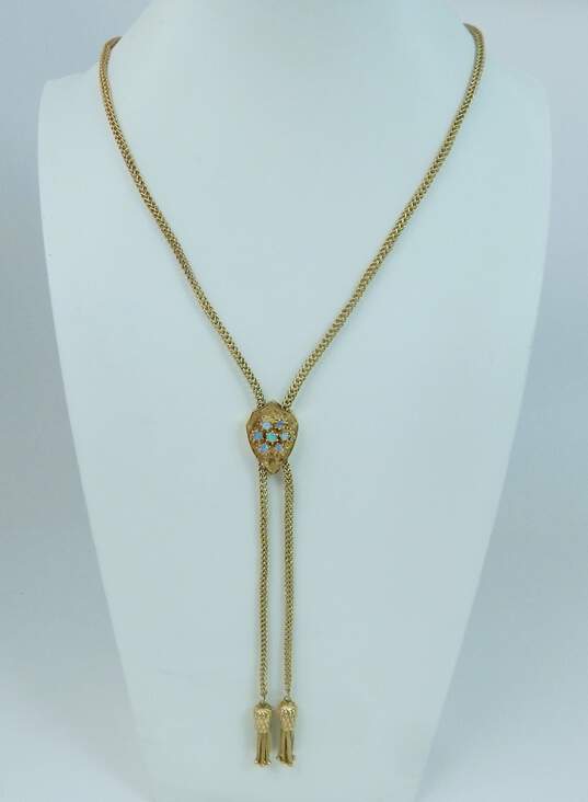 Vintage 14k Yellow Gold Etched Shield Opal Tassel Lariat Necklace 33.5g image number 4