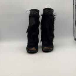 Womens Black Faux Fur Round Toe Drawstring Mid Calf Snow Boots Size 6