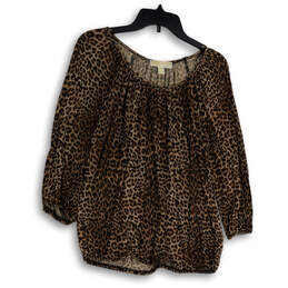 Womens Brown Black Leopard Print Round Neck Long Sleeve Blouse Top Size M